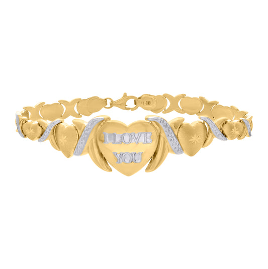 10K Two-tone Gold Womens I LOVE YOU Heart Link 8" Bracelet
