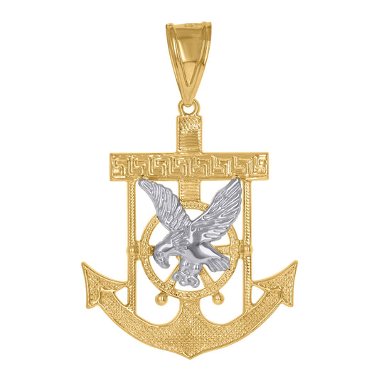 10K Gold Two-Tone Diamond-Cut Mens Anchor Cross Eagle Religious Charm Pendant