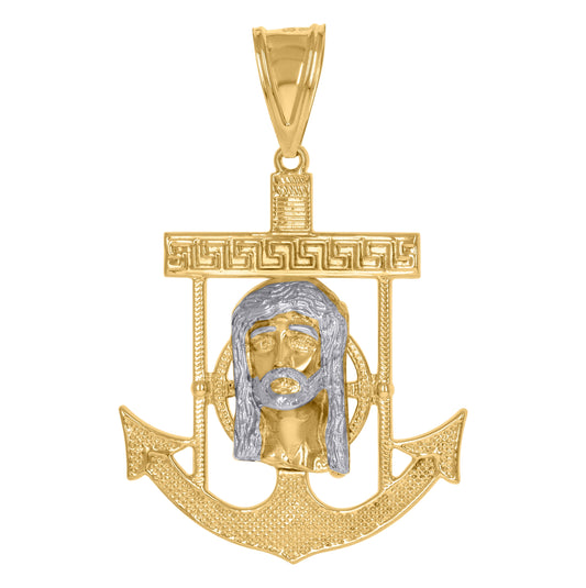 10K Gold Two-Tone Diamond-Cut Mens Anchor Cross Jesus Religious Charm Pendant