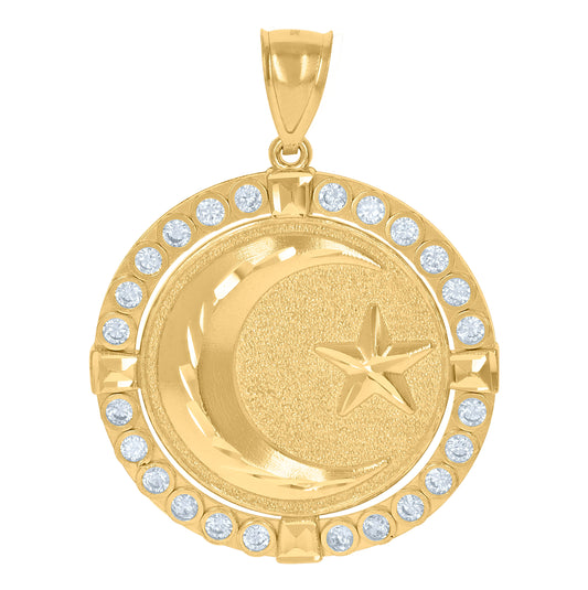 10K Gold Two-Tone Cubic-Zirconia Diamond-Cut Mens Crescent Moon Star Religious Medallion Charm Pendant