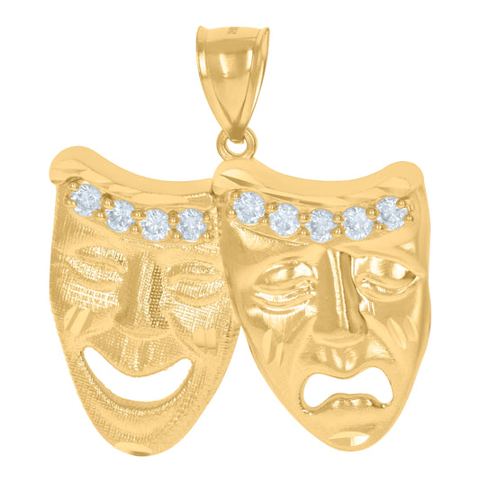 10K Two-Tone Gold Unisex Cubic Zirconia Textured Comedy Tragedy Mask Charm Pendant