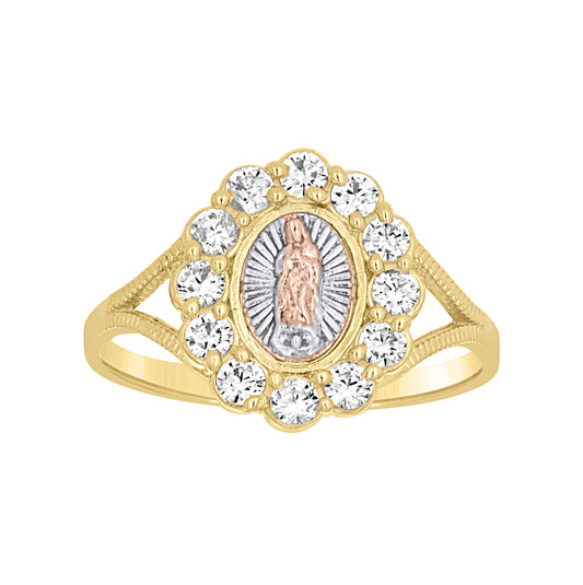10K Tri-Color Gold Womens Round Cubic Zirconia Lady Of Guadalupe Religious Ring