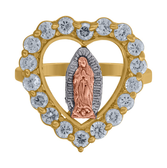 10K Gold Womens Tri-Color Cubic-Zirconia Guadalupe Mary Heart Religious Band Ring
