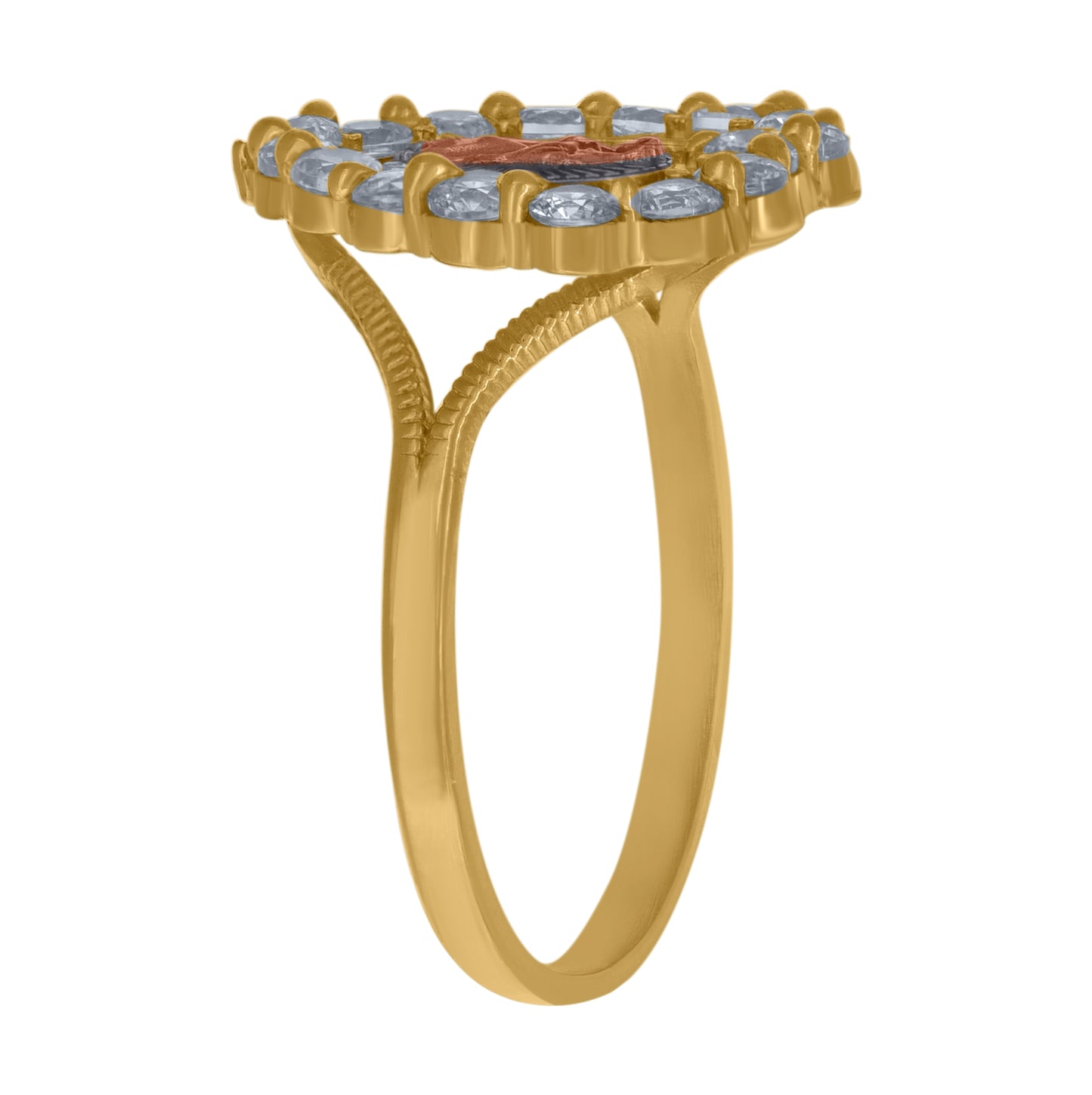 10K Gold Womens Tri-Color Cubic-Zirconia Guadalupe Mary Heart Religious Band Ring