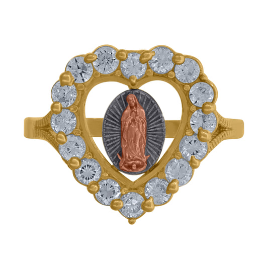 10K Gold Womens Tri-Color Cubic-Zirconia Guadalupe Mary Heart Religious Band Ring