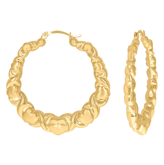 10K Yellow Gold Diamond Cut Brushed Womens Heart Xo Hugs & Kisses 44.3mm Hinged Hoops Huggies