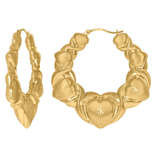 10K Yellow Gold Diamond Cut Brushed Womens Heart Xo Hugs & Kisses 58.6mm Hinged Hoops Huggies
