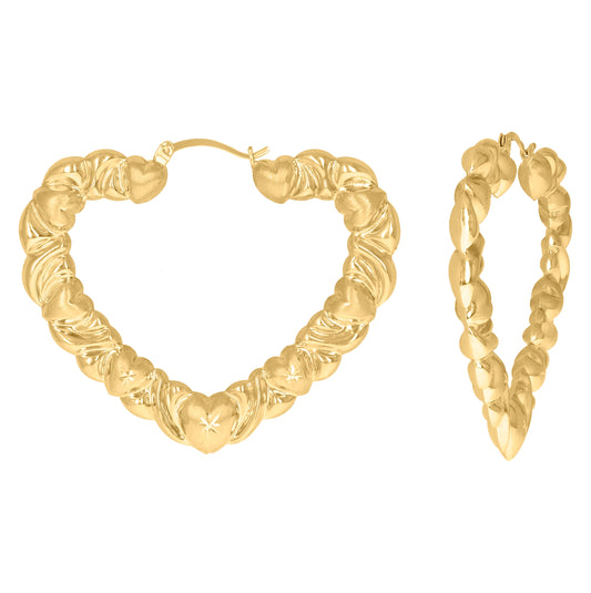 10K Yellow Gold Diamond Cut Brushed Womens Heart Xo Hugs & Kisses 57.7mm Hinged Hoops Huggies