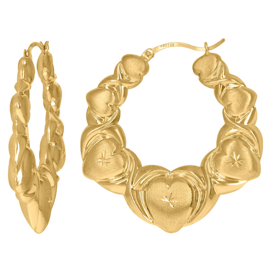 10K Yellow Gold Diamond Cut Brushed Womens Xo Hugs & Kisses 46.9mm Hinged Hoops Huggies