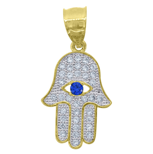 10K Two-Tone Gold Mens Cubic-Zirconia Religious Hamsa Charm Pendant