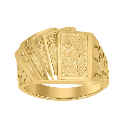 10K Yellow Gold Mens Textured Playing Cards Band Ring