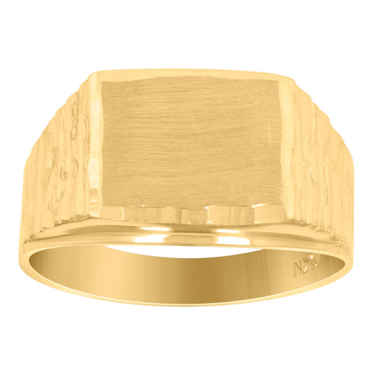 10K Yellow Gold Mens Diamond Cut Textured Signet Square Ring