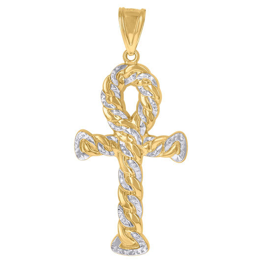 10K Gold Two-Tone Diamond-Cut Mens Ankh Cross Religious Charm Pendant