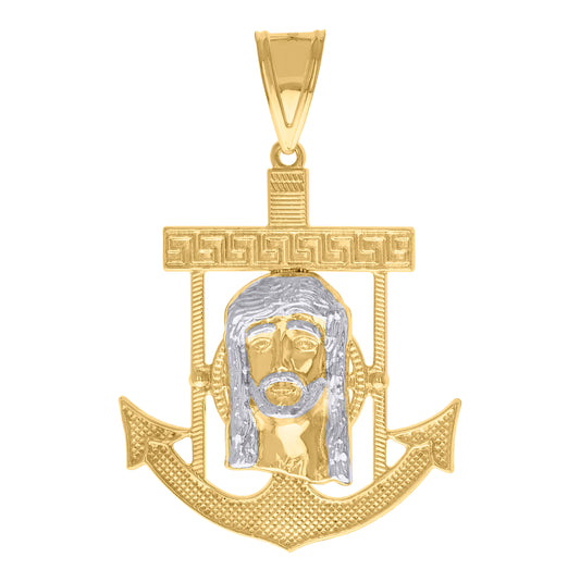 10K Two-Tone Gold Mens Women Textured Jesus Face Religious Anchor Charm Pendant