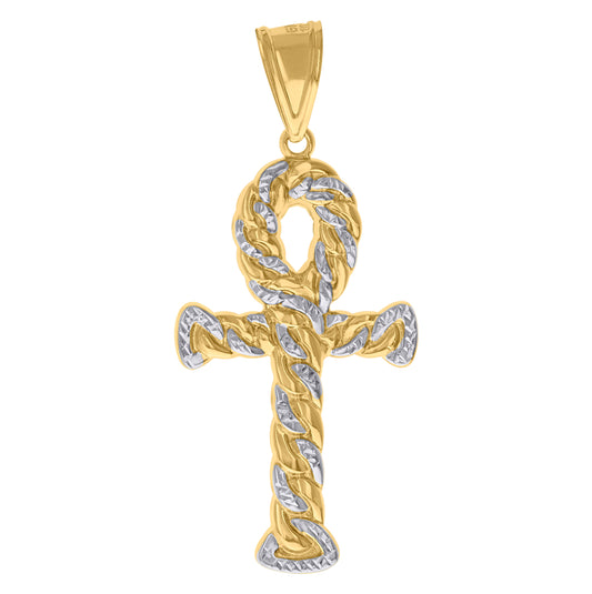 10K Two-Tone Gold Mens Twisted Ankh Cross Religious Charm Pendant