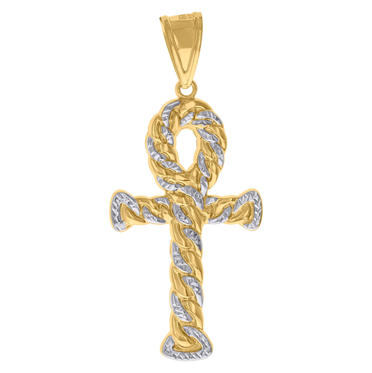 10K Gold Two-Tone Diamond-Cut Mens Ankh Cross Religious Charm Pendant