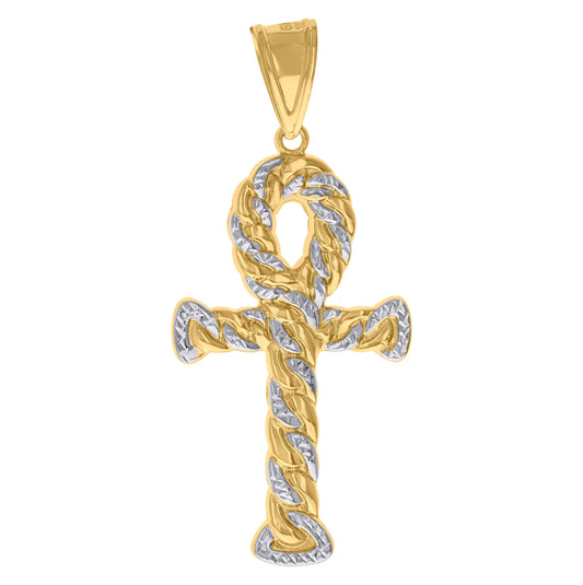 10K Gold Two-Tone Diamond-Cut Mens Ankh Cross Religious Charm Pendant