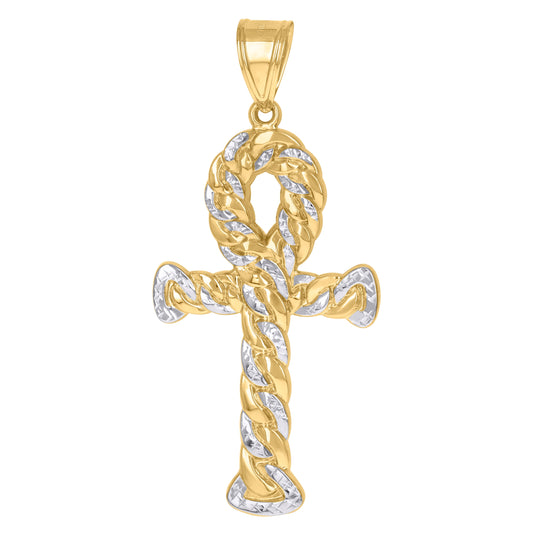 10K Gold Two-Tone Diamond-Cut Mens Ankh Cross Religious Charm Pendant