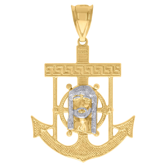 10K Two-Tone Gold Mens Women Textured Jesus Face Religious Anchor Charm Pendant
