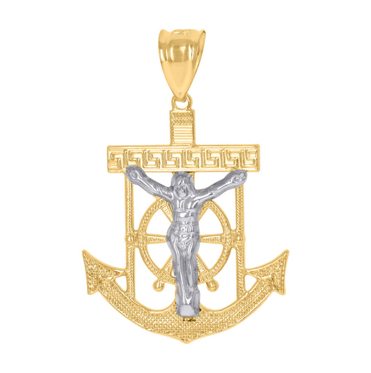 10K Two-Tone Gold Mens Women Textured Mariner Crucifix Religious Charm Pendant