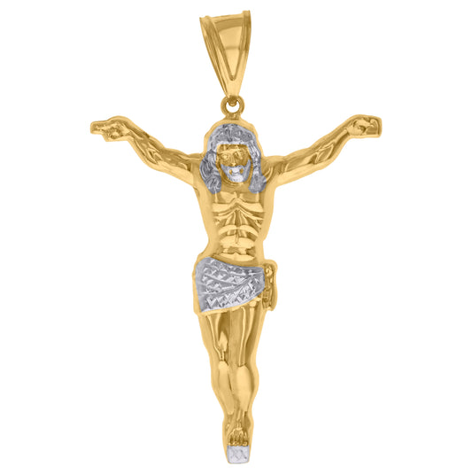 10K Two-Tone Gold Mens Jesus Textured Crucifix Religious Charm Pendant