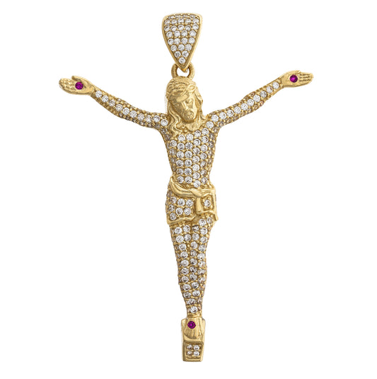 10K Yellow Gold Mens White Pink Cubic Zirconia Crucifix Religious Charm Pendant