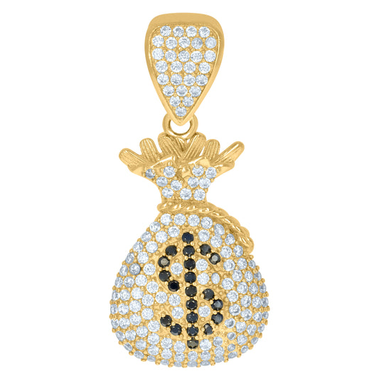 10K Yellow Gold Mens White Black Cubic-Zirconia Moneybag Currency Charm Pendant
