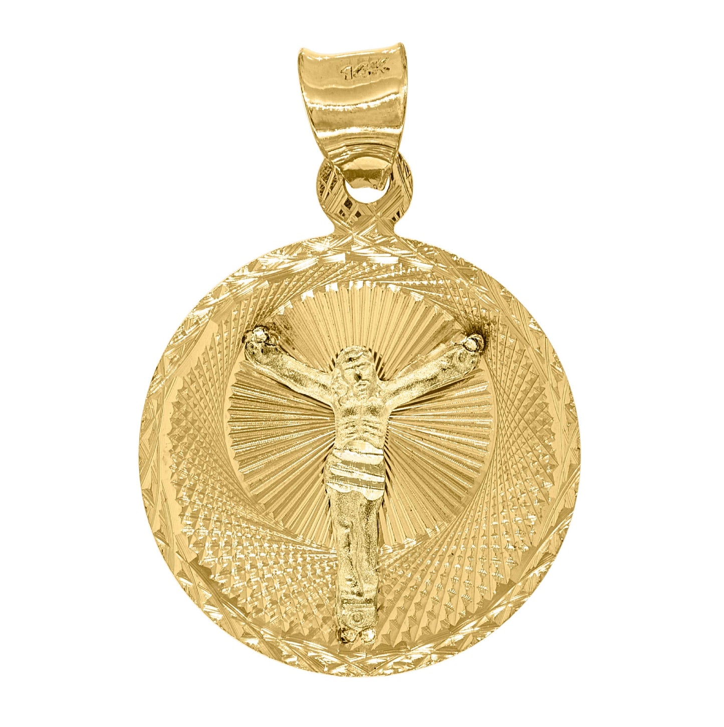 14K Yellow Gold Mens Diamond Cut Textured Crucifix Religious Charm Pendant