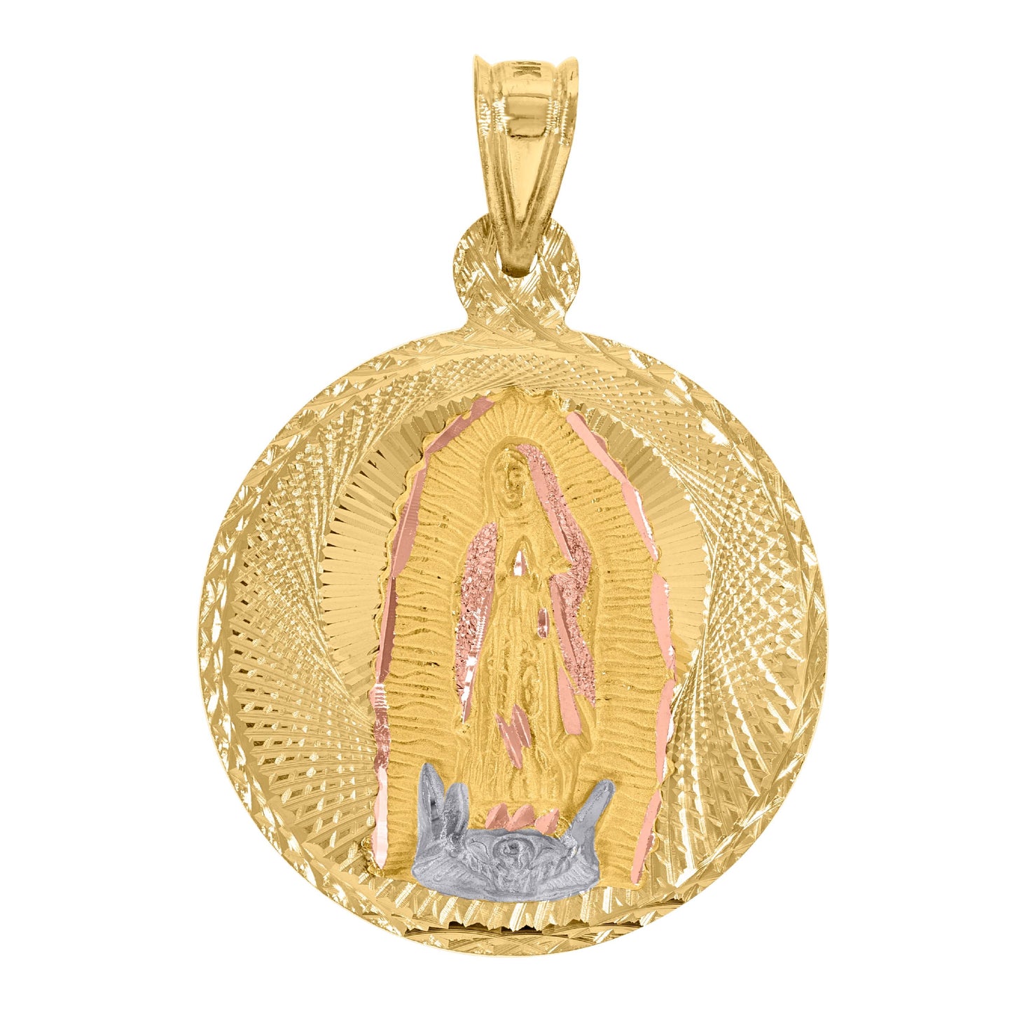 14K Tri-Color Gold Unisex Diamond Cut Textured Lady Of Guadalupe Religious Charm Pendant