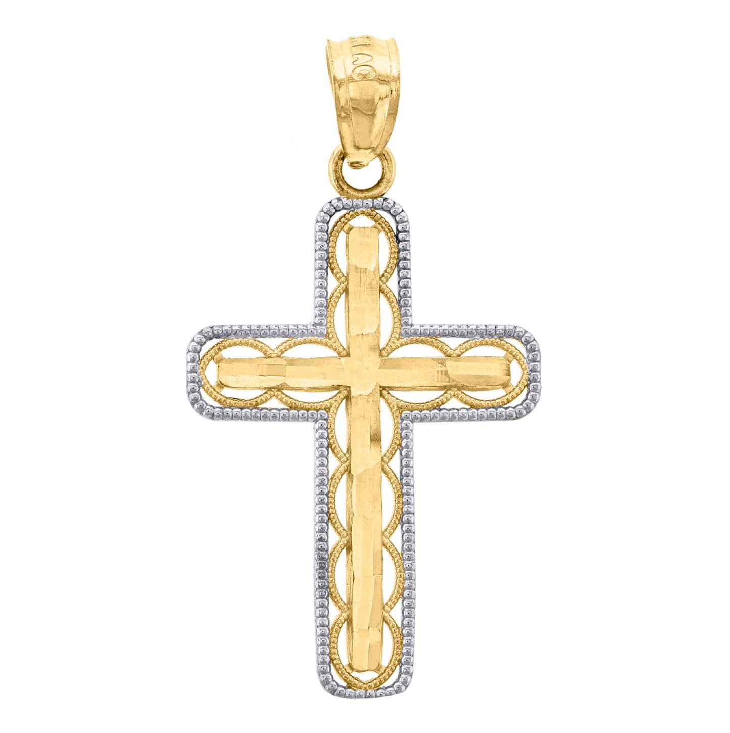 14K Gold Unisex Two-Tone Diamond-Cut Cross Religious Charm Pendant