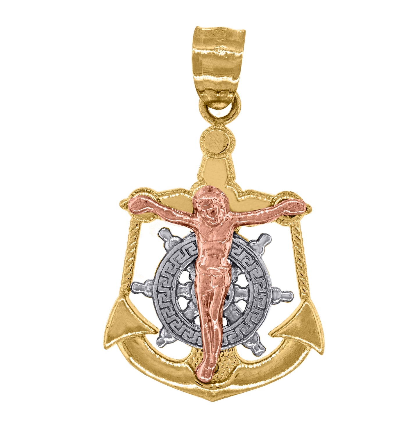 14K Gold Unisex Tri-Color Crucifix Anchor Religious Charm Pendant