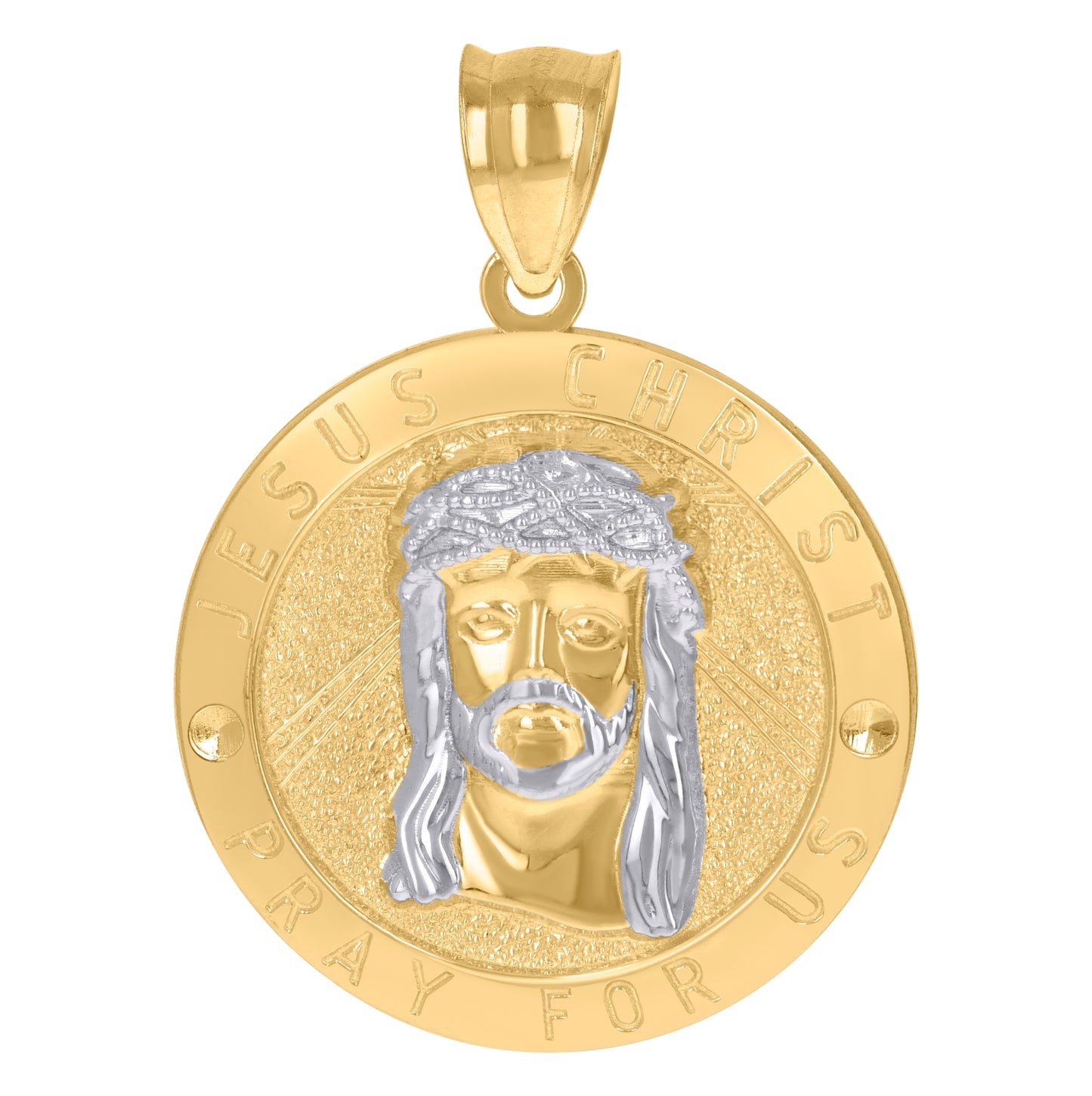 10K Gold Two-Tone Unisex Jesus Christ Pray For Us Religious Medallion Pendant