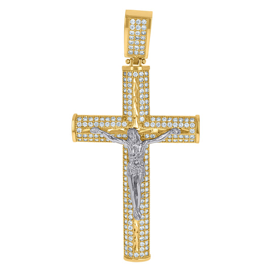 10K Two-tone Gold Mens Cubic-Zirconia Crucifix Cross Religious Charm Pendant