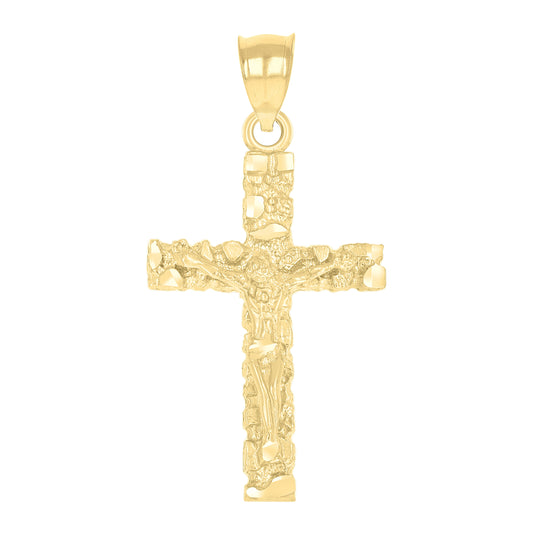 10K Yellow Gold Unisex Nugget Cross Crucifix Religious Charm Pendant