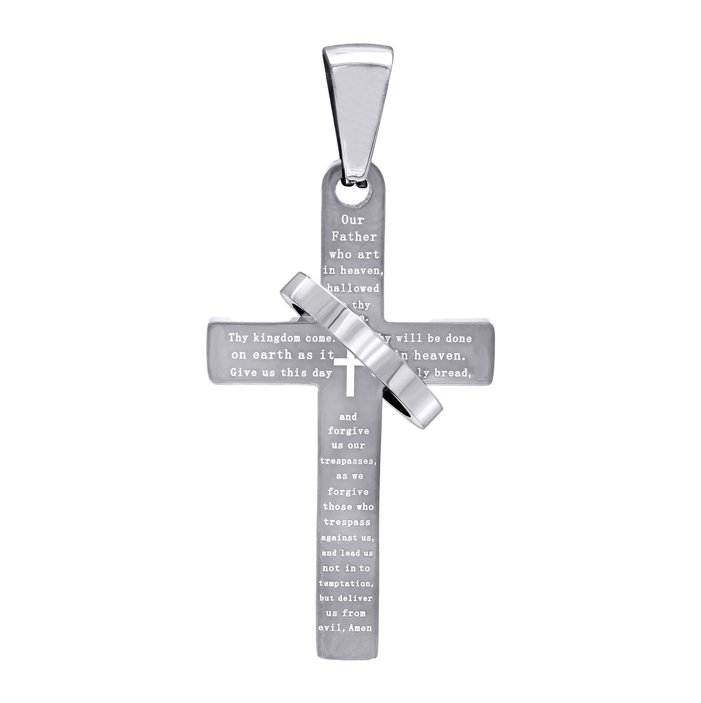 Stainless Steel Mens English Bible Lords Prayer Cross Ring Religious Charm Pendant