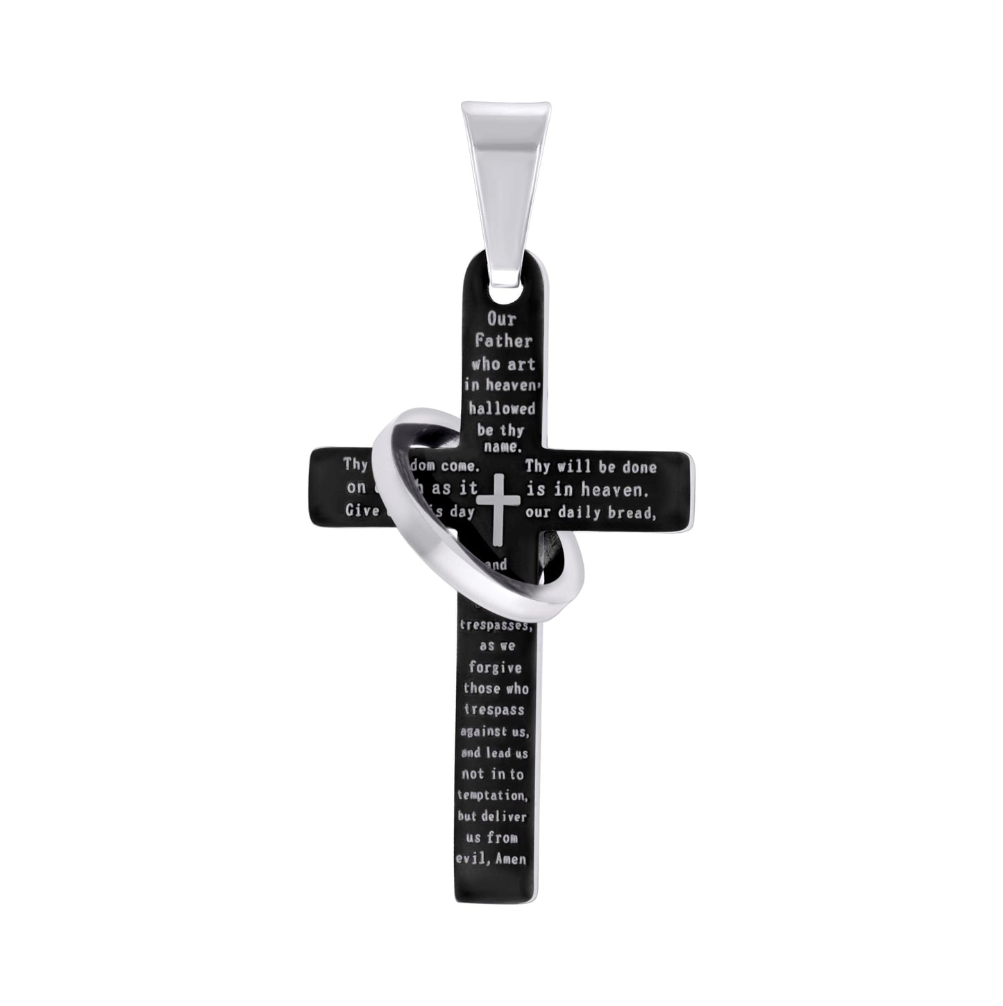 Stainless Steel Mens English Bible Lords Prayer Cross Ring Religious Charm Pendant
