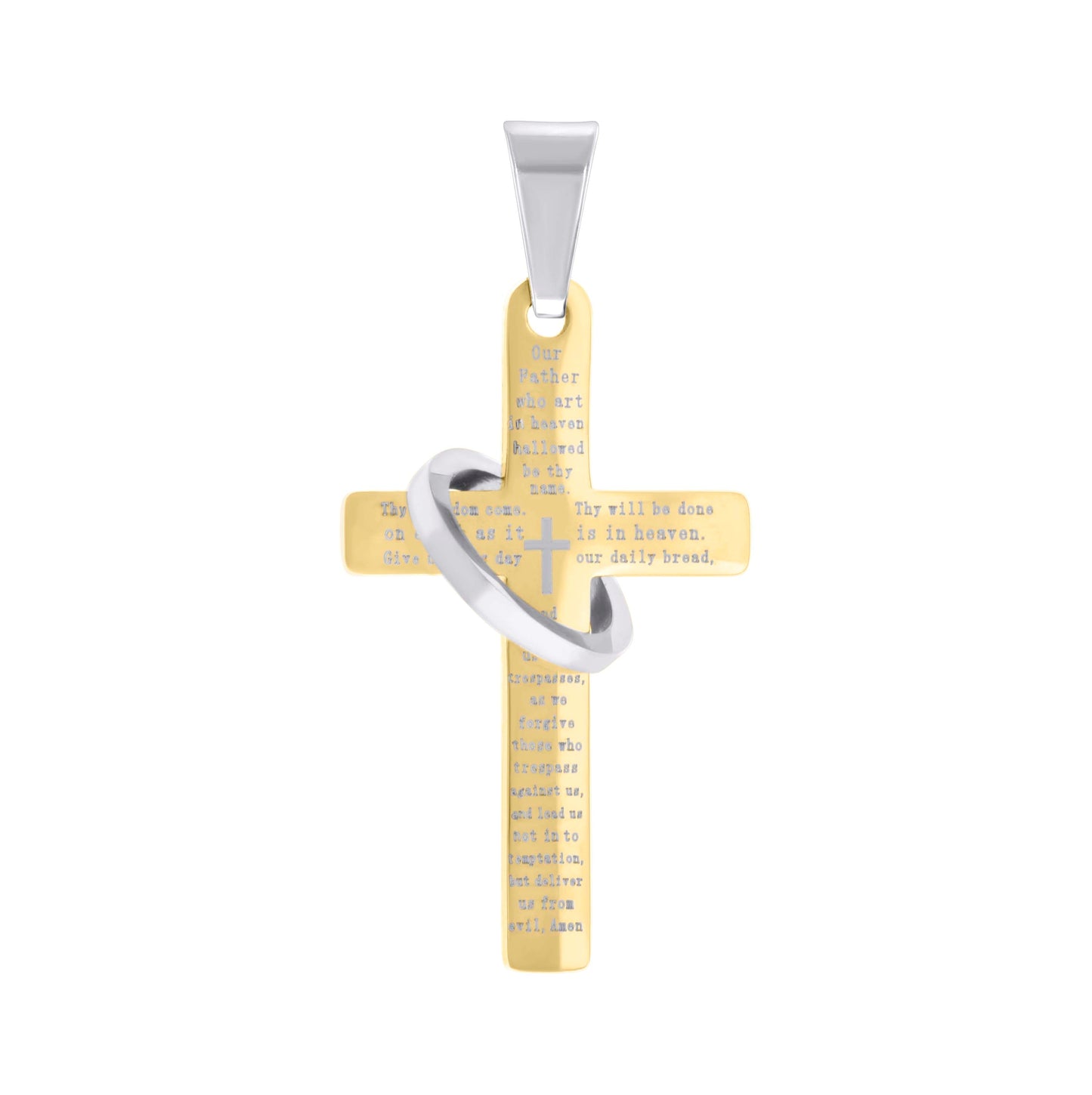 Stainless Steel Mens English Bible Lords Prayer Cross Ring Religious Charm Pendant