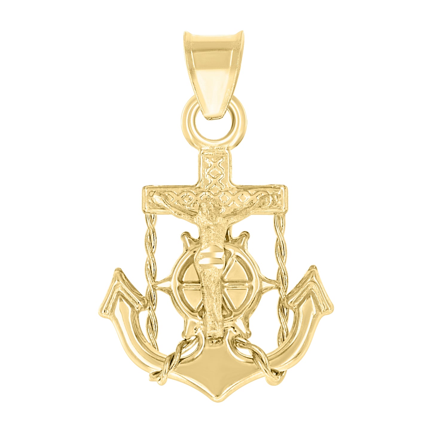 14K Yellow Gold Mens Diamond Cut Textured Anchor Crucifix Cross Charm Pendant