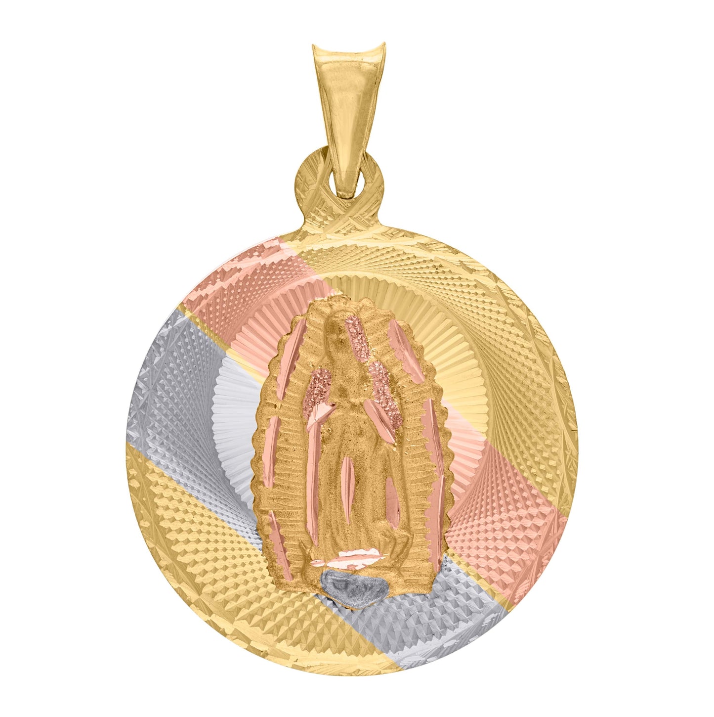 14K Tri-Color Gold Unisex Diamond Cut Textured Lady Of Guadalupe Religious Charm Pendant