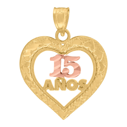 10K Two-Tone Gold Womens Diamond-Cut Textured 15 Anos Heart Charm Pendant