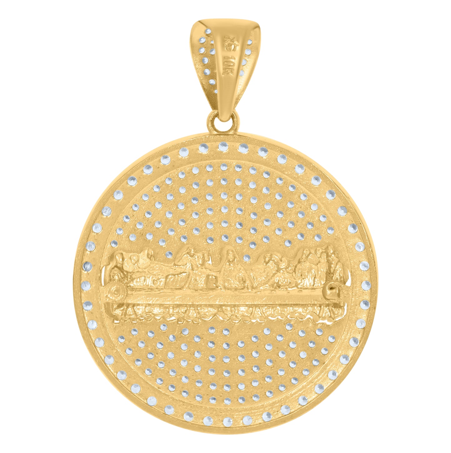 10K Yellow Gold Mens Women Cubic Zirconia Last Supper Religious Medallion Charm Pendant