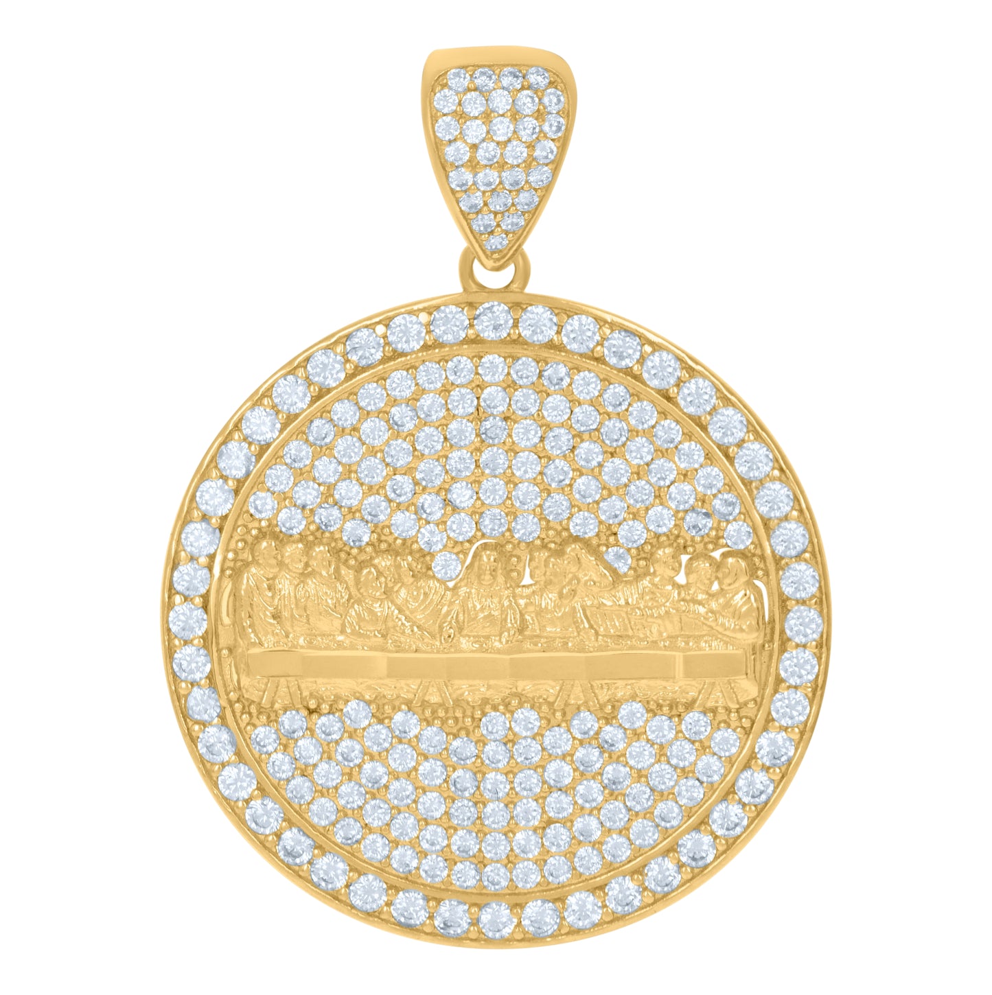 10K Yellow Gold Mens Women Cubic Zirconia Last Supper Religious Medallion Charm Pendant
