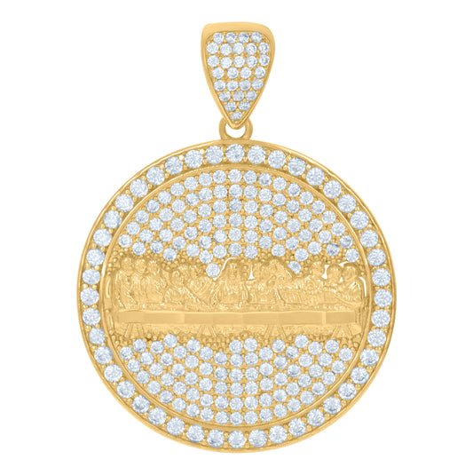 10K Yellow Gold Mens Women Cubic Zirconia Last Supper Religious Medallion Charm Pendant