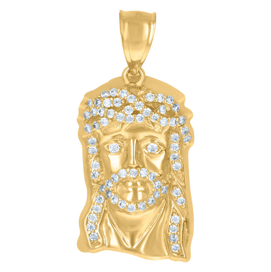 10K Yellow Gold Mens Women Cubic Zirconia Jesus Face Religious Charm Pendant