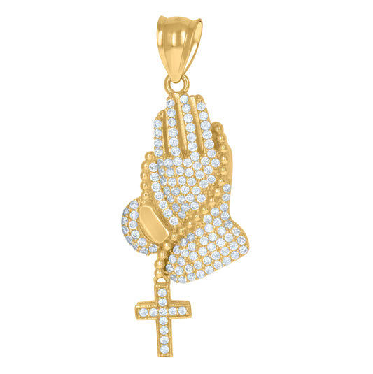 10K Yellow Gold Unisex Cubic-Zirconia Religious Praying Hands Charm Pendant