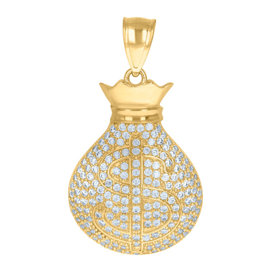10K Yellow Gold Mens Cubic Zirconia Dollar Sign Money Bag Charm Pendant