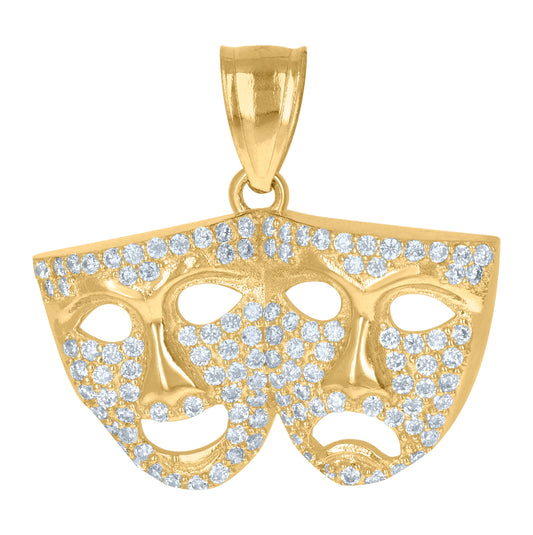 10K Yellow Gold Cubic-Zirconia Unisex Comedy Tragedy Mask Charm Pendant