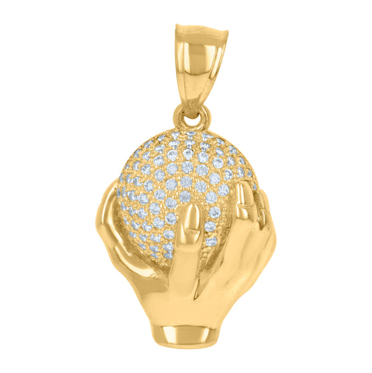 10K Yellow Gold Cubic-Zirconia Mens Hand Globe Charm Pendant