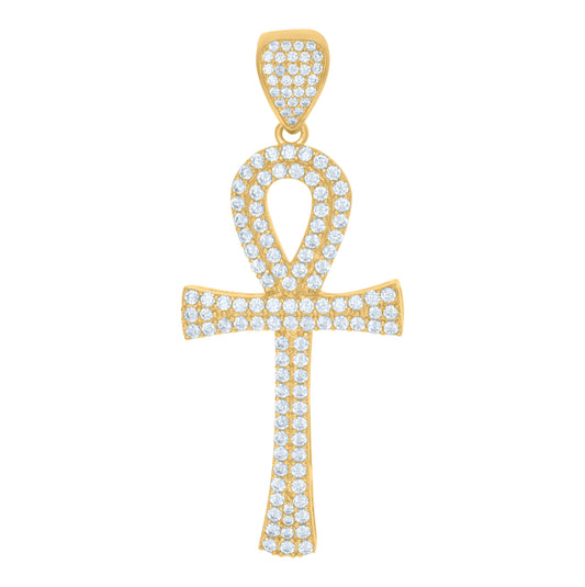 10K Yellow Gold Cubic-Zirconia Mens Ankh Cross Religious Charm Pendant