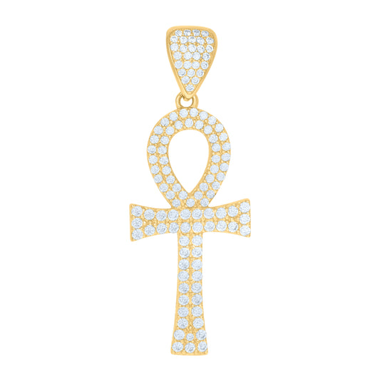 10K Yellow Gold Mens Women Cubic Zirconia Ankh Cross Religious Charm Pendant